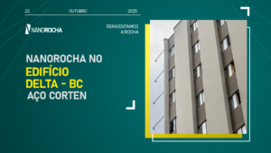 Fachada do Edifício Delta em Balneário Camboriú com revestimento NanoRocha Aço Corten, destacando linhas verticais e acabamento moderno.