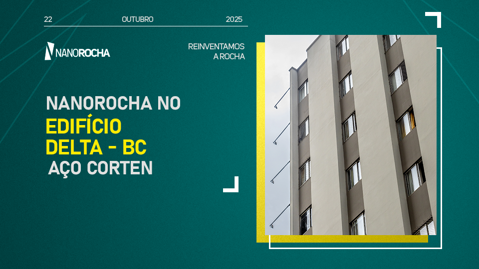 Fachada do Edifício Delta em Balneário Camboriú com revestimento NanoRocha Aço Corten, destacando linhas verticais e acabamento moderno.