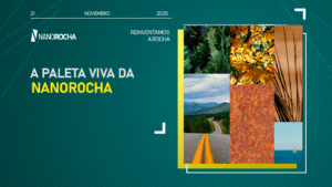 Painel visual com a paleta viva da NanoRocha, reunindo imagens de natureza, texturas minerais, paisagens e elementos que inspiram as cores dos revestimentos arquitetônicos.
