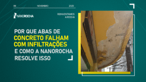 fachada de edifício com aba de concreto deteriorada por infiltração, mostrando rachaduras e desplacamento na superfície inferior.