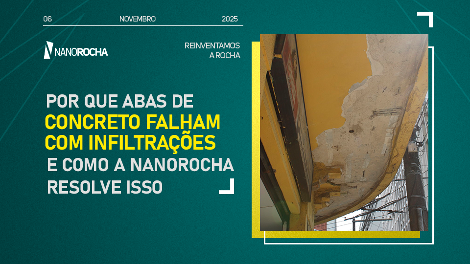 fachada de edifício com aba de concreto deteriorada por infiltração, mostrando rachaduras e desplacamento na superfície inferior.