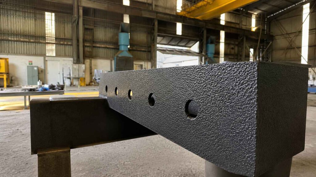 Estrutura de ferro com revestimento protetivo em ambiente industrial.